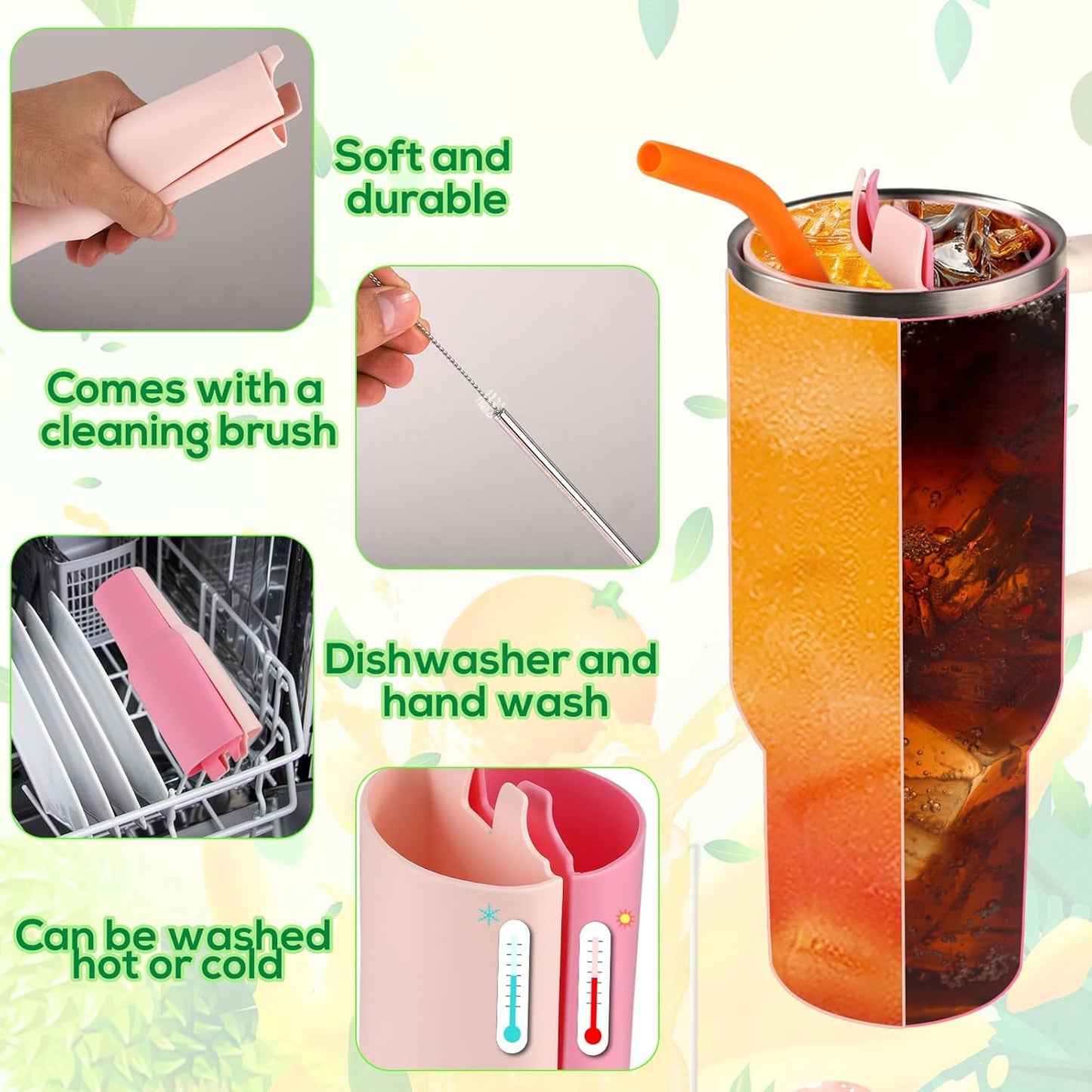 2-in-1 Silicone Cup & Drink Divider for Stanley – Reusable Liner with Stainless Steel Straw, Brush & Splitter Accessories