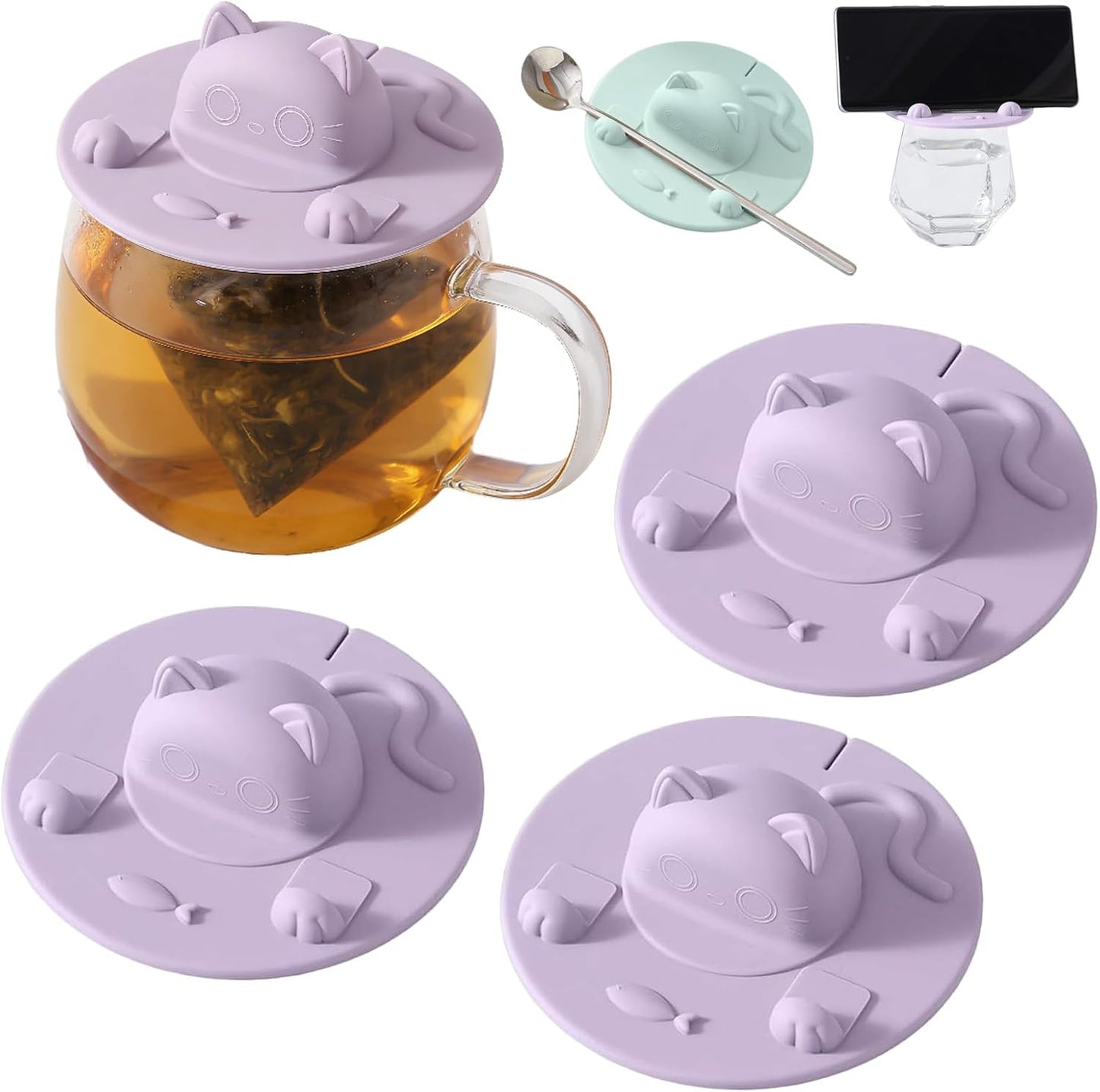3PCS Cute Cat Tea Bag Holder – Silicone Mug Topper, Tea Squeezer & Drip Clip (4 Inch)