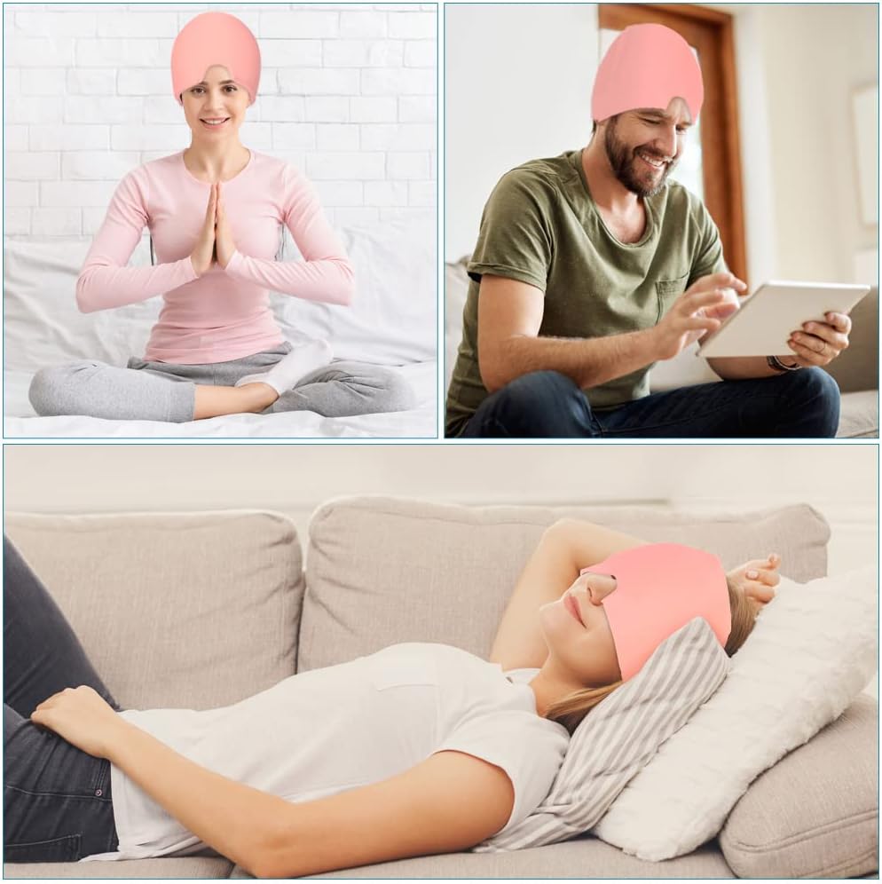 Reusable Migraine Relief Cap with Cold & Hot Gel Therapy – Headache, Sinus, Stress & Puffy Eye Relief Wrap (Pink)