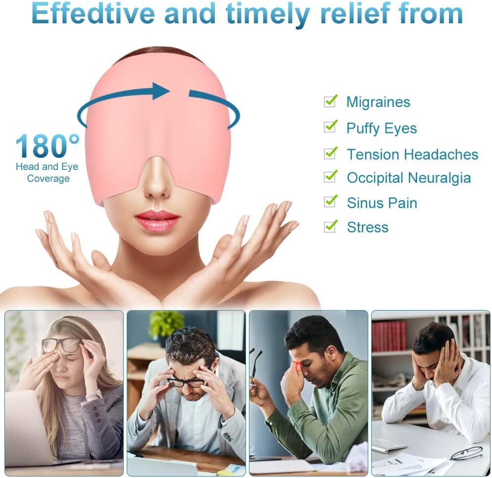 Reusable Migraine Relief Cap with Cold & Hot Gel Therapy – Headache, Sinus, Stress & Puffy Eye Relief Wrap (Pink)