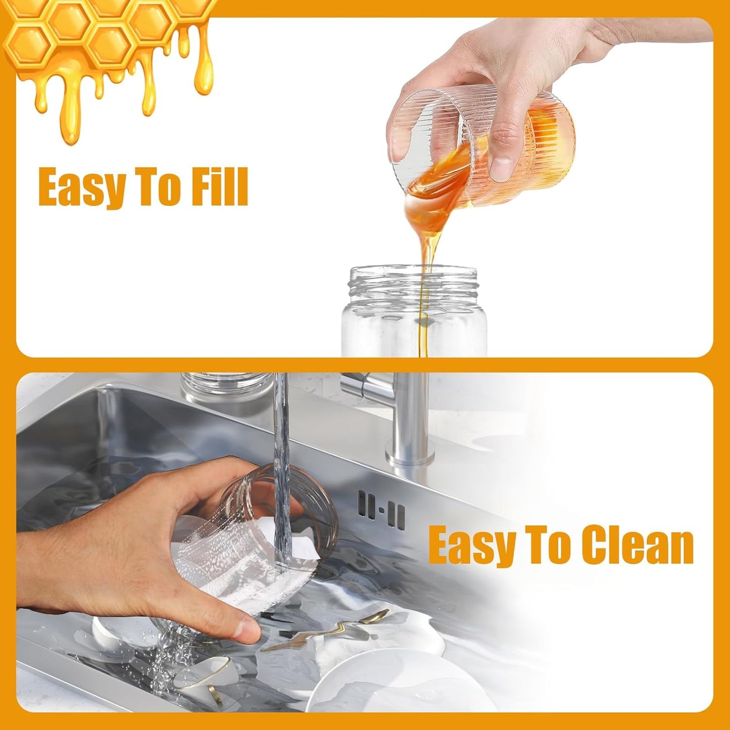 Honey Dispenser Glass Bottle No Drip – 11oz Syrup Jar for Kitchen Use