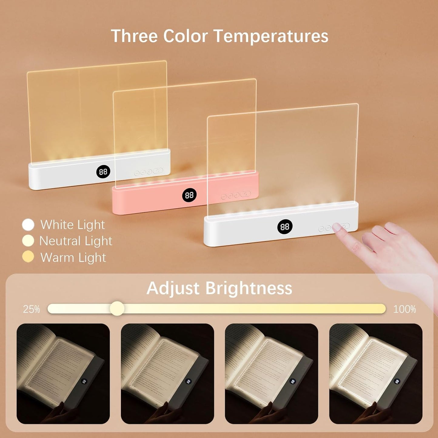 LED Book Light & Night Light 2-in-1 – USB Rechargeable Reading Lamp with 3 Color Temperatures, Stepless Dimming & Timer (Pink)