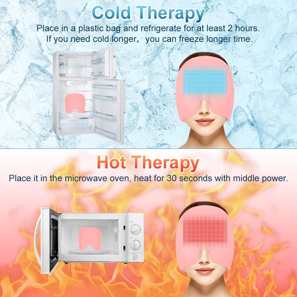 Reusable Migraine Relief Cap with Cold & Hot Gel Therapy – Headache, Sinus, Stress & Puffy Eye Relief Wrap (Pink)