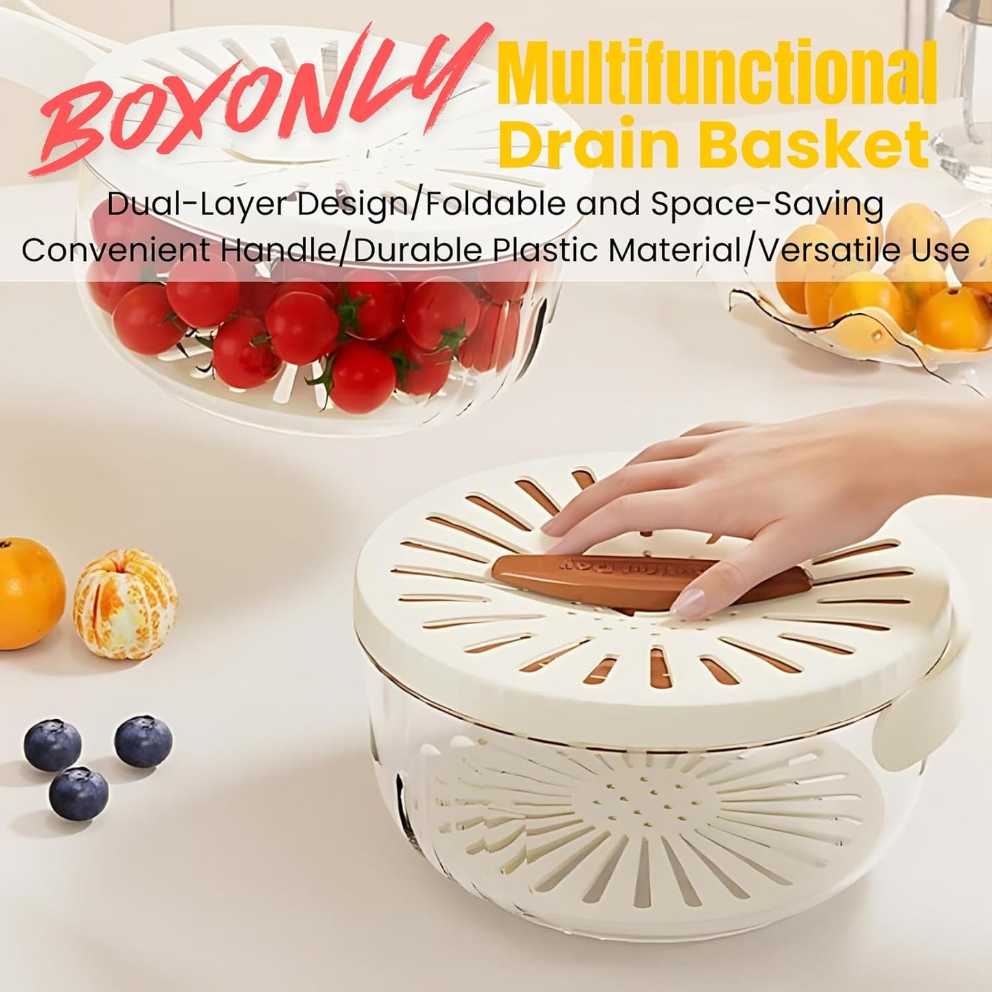 2-in-1 Multifunction Fruit & Vegetable Washing Bowl with Lid – Drain Basket with Foldable Handle