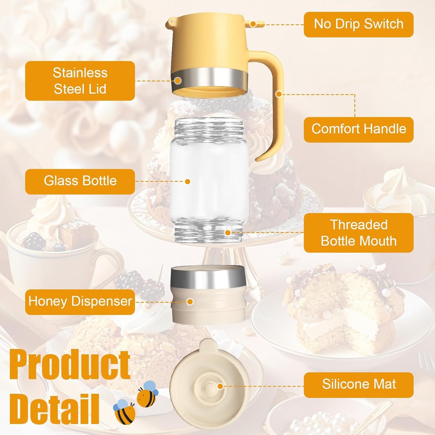Honey Dispenser Glass Bottle No Drip – 11oz Syrup Jar for Kitchen Use